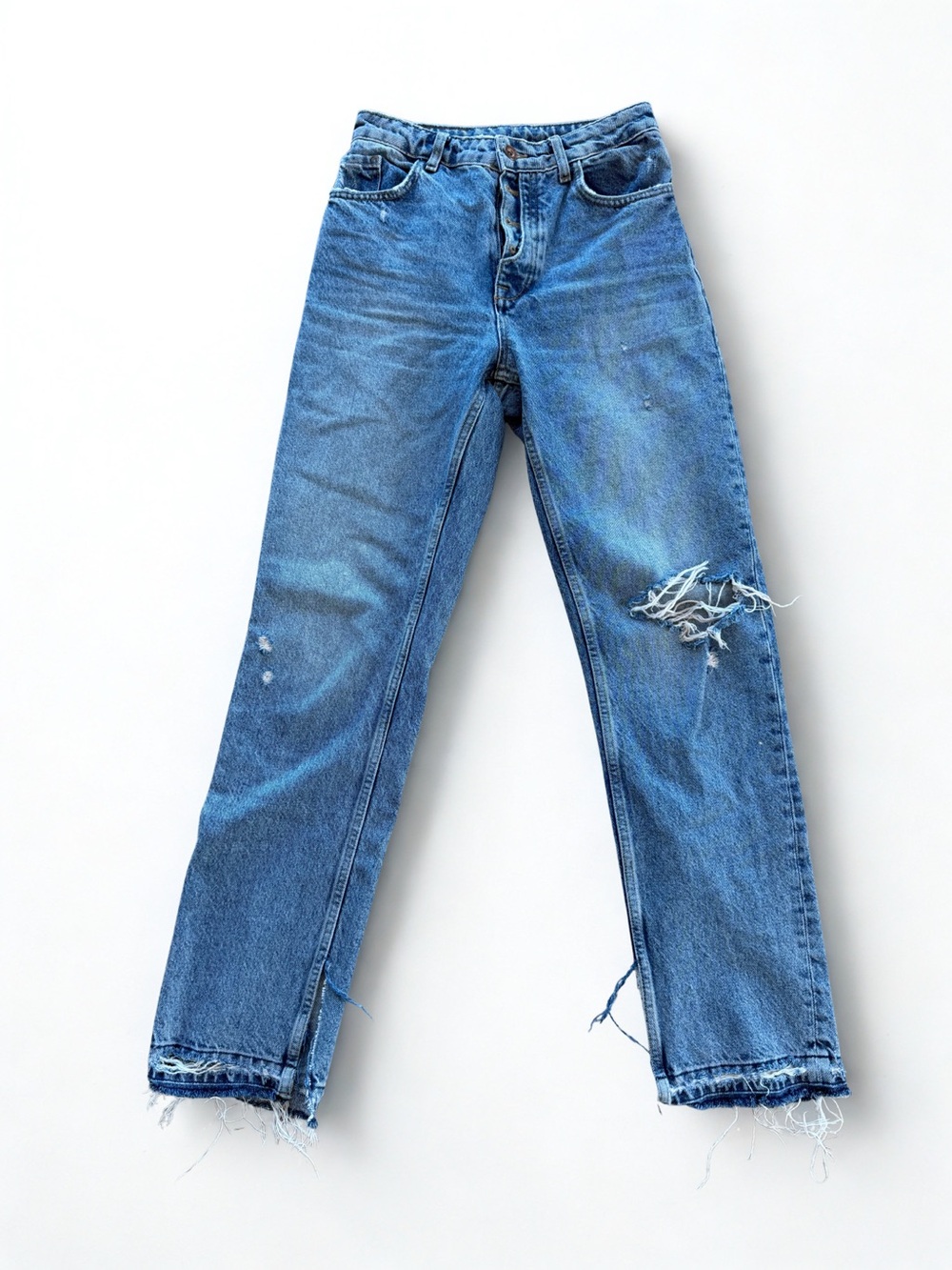 Zara Medium Blue Straight-Leg Distressed Jeans
